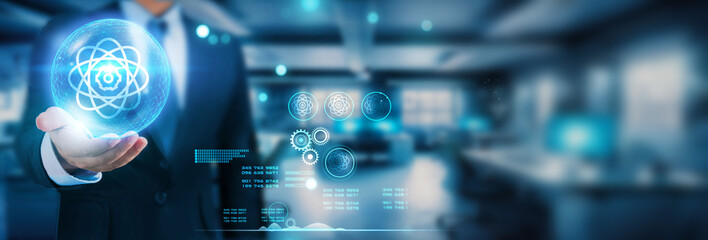 Fototapeta premium Hand holding global network connection on the brink of quantum cycle, propelling us into a realm of boundless connectivity and technological marvels. It's a fusion of innovation and futurism.