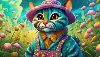 oil painting style CARTOON CHARACTER Cat Portrait of a farmer in the field