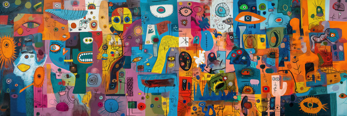 Collage of whimsical, cartoonish faces and eyes, set against a dynamic backdrop of various shapes and colors.