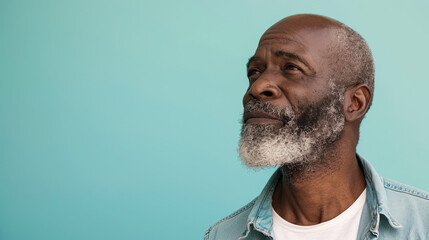 Naklejka premium Portrait of a Mature Black Man Looking away on pastel blue background