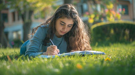 Young beautiful woman lying in the park, engrossed in writing thoughts in her diary, tranquil outdoor setting for reflection and journaling, peaceful and serene moment captured in nature