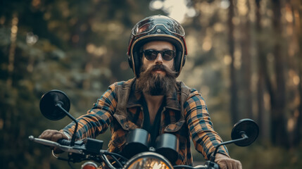 Rugged, bearded man wearing a helmet and riding a classic motorcycle along a forest trail, embodying freedom and adventure. - Powered by Adobe