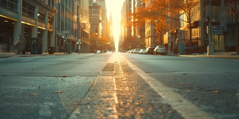 of an empty road in New York City, the modern cityscape towering on both sides, bathed in the warm...