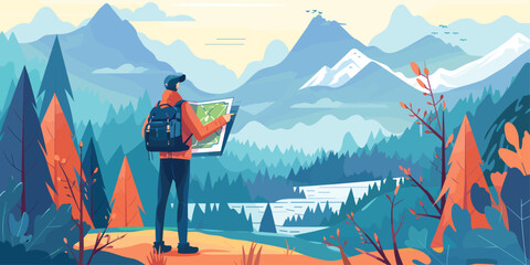 Adventurous Traveler: Cartoon Vector Illustration of Man with Map Amidst Stunning Landscape