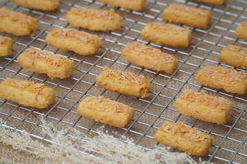 Fresh from the oven crunchy kaastengels cookies Indonesian cookies typically served during Hari Raya Idul Fitri
