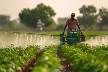 farmer spraying pesticide on crops at agriculture field