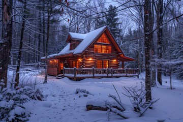 Warmly lit log cabin surrounded by a snowy landscape during a tranquil winter evening in the forest.