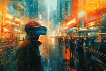 A vibrant, digitally altered image portraying a person wearing virtual reality goggles, with a blurred futuristic cityscape backdrop