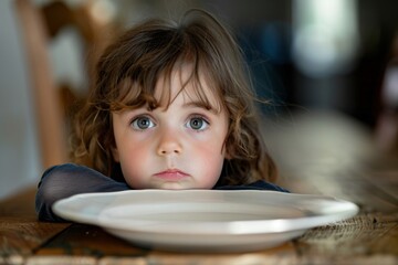 A little girl with a pouting face sitting at the dining table, empty plate in front her. AI generated
