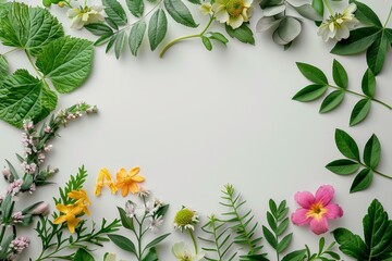 Artistic arrangement of assorted green leaves and colorful flowers creating a vibrant natural frame on a white background