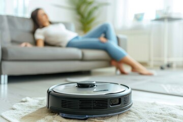 Close-up robot vacuum cleaner on a floor with a resting woman behind it. AI generative