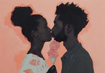 Romantic moment a couple kissing with an ice cream cone in front of them in a painting