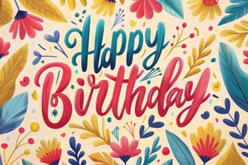 Vibrant Happy Birthday card featuring beautiful calligraphy and a lively array of flowers and leaves, perfect for a joyful celebration