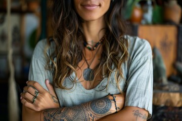 Portrait of a stylish woman showcasing detailed arm tattoos, wearing a bohemian linen shirt and ethnic jewelry, exuding confidence and artistic flair.