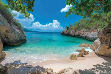 A breathtaking view of a secluded tropical beach cove surrounded by rocky cliffs and lush greenery...