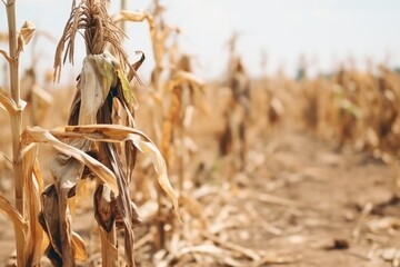 Close-up of withered corn stalks in a field, symbolizing agricultural challenges and crop failure. Dried Corn Stalks in a Field
