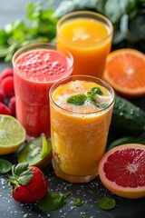 Assorted fresh fruit smoothies in glasses, featuring orange, raspberry, and mixed citrus flavors garnished with mint