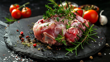 A raw lamb shank with herbs and spices on a dark background, ready for cooking in a closeup view. The meat is decorated with fresh rosemary sprigs, surrounded by tomatoes, garlic rolls, a saltshaker, 