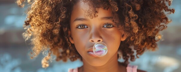 Young black girl with curly hair blowing a bubble gum bubble.