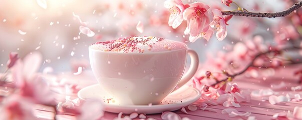 beautiful romance a cup of latte tea or chocolate serve with cherry blossom flower branch, spring season and national spring festival theme drink
