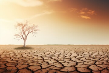 A lone, dead tree stands on a vast cracked desert terrain with a warm sunset sky, evoking themes of drought and environmental change. Bare Tree on Cracked Desert Earth at Sunset