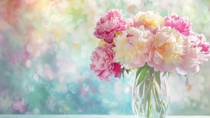 Bouquet of colorful peonies in a glass vase against a soft, blurred background.