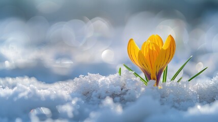Single crocus flower emerging through snow.