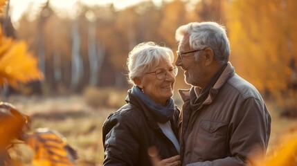 An elderly couple spending time together outdoors in spring autumn