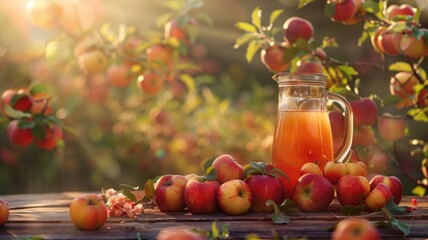 Apples and apple juice on a rustic wooden table in a sunny orchard.