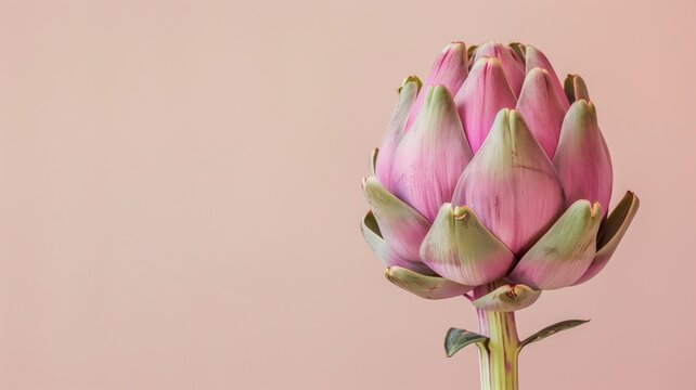 Minimalist composition of a single pink artichoke flower.