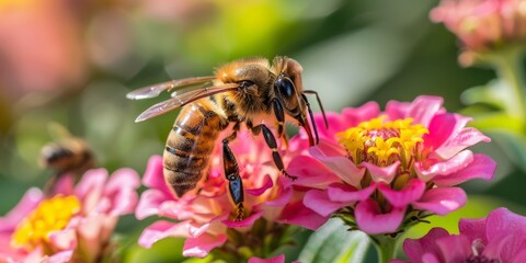 Common bee collecting nectar from a vibrant pink flower