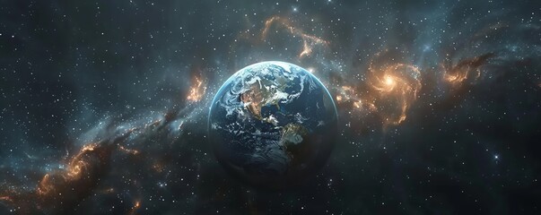 Cinematic scene of planet earth globe on starry space background.