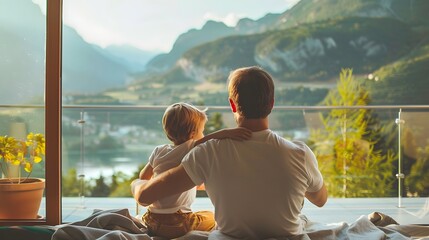 back view of father and son sitting together at the balcony and enjoy the beauty of the mountains at sunny day