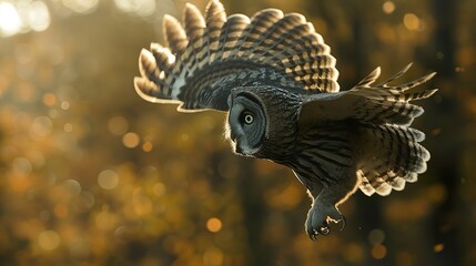 An owl in flight, wings outstretched, captured in mid-air against a blurred background.