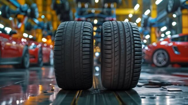 New tires with alloy wheels in a large warehouse or tire change shop on a blurred background as new tires in blur stock for the automobile industry