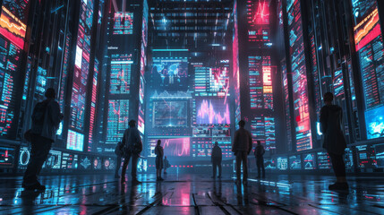 A vibrant nighttime scene in a futuristic city with large digital billboards and a crowd of onlookers.