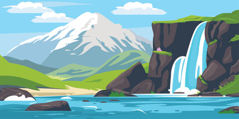 Tranquil Waterfall Scenery: Cascading Stream into Serene Lake - Cartoon Vector Landscape