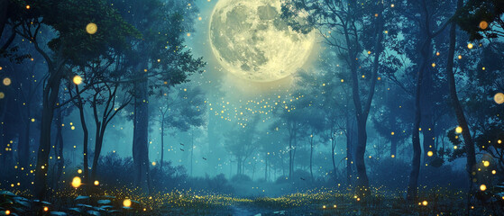 A magical forest at night with fireflies lighting up the enchanting scene with moonlight.