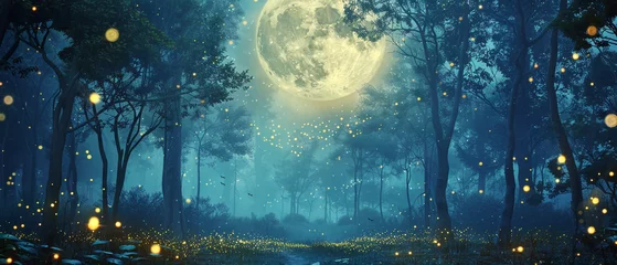 Fleecedeken met foto A magical forest at night with fireflies lighting up the enchanting scene with moonlight. © domi002