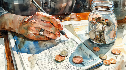 budgeting, budgeting wisely. watercolor illustration
