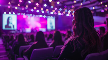Back view of an audience attentively watching a screen presentation at an indoor conference event.