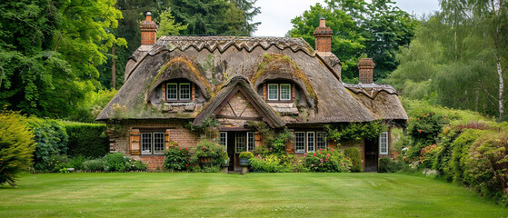 Classic English Tudor-style cottage with a charming thatched roof surrounded by lush greenery and flowers.