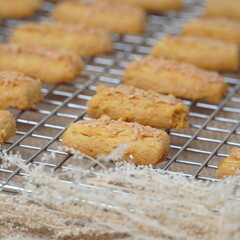 Fresh from the oven crunchy kaastengels cookies Indonesian cookies typically served during Hari Raya Idul Fitri
