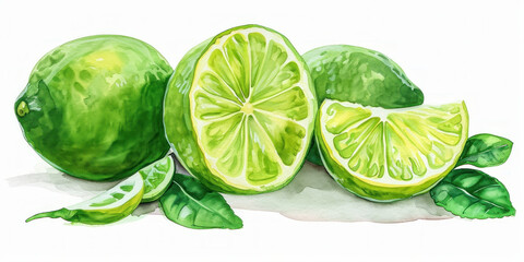 Watercolor illustration of fresh limes with green leaves and slices on a white background