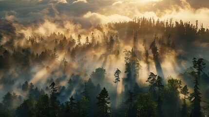 A dense fog rolling through a forest, with sun rays breaking through the trees, creating an ethereal nature wallpaper.