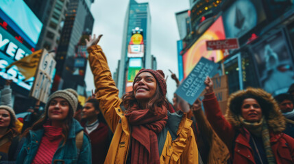 A young woman with open arms joyfully celebrating in a vibrant crowd at Times Square, New York City.
