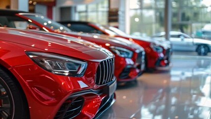 A new car showroom displays luxurious and beautiful vehicles. The gleaming exterior and luxurious interior invite you to experience riding in style. A new car warehouse is on hand.