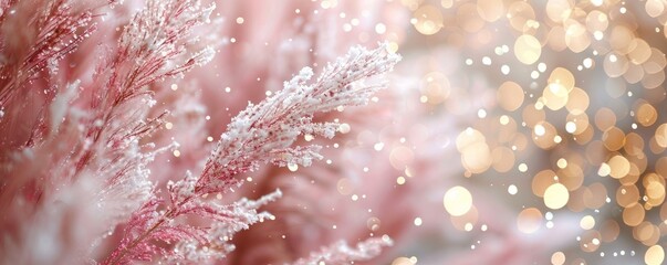 Seasonal Decorations with Pampas Grass. Elegant Pastel Pink and Gold Christmas Background.