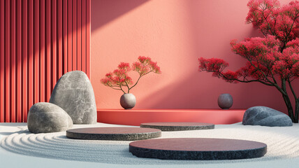 Space of Zen Buddhism, colorful and trendy color styles of Oriental set of Japanese style minimal abstract background podium. young, modern fresh	
