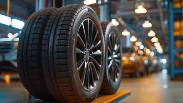 New tires with alloy wheels in a large warehouse or tire change shop on a blurred background as new tires in blur stock for the automobile industry
